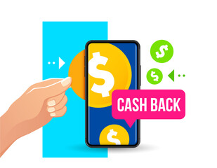 cash back text with phone in hand and gold dollar coins