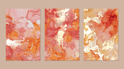 Luxury pink, red and gold marble flyers. Abstract background set. Alcohol ink technique vector stone textures. Creative paint with glitter. Template for banner, poster design. Fluid art