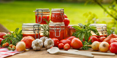 Homemade tomato preserves in glass jars and fresh tomatoes and herbs on a wooden table in the garden