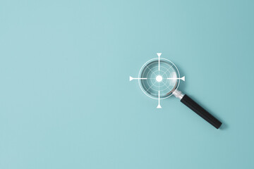 Magnifier glass with virtual focus illustration with copy space on blue background.