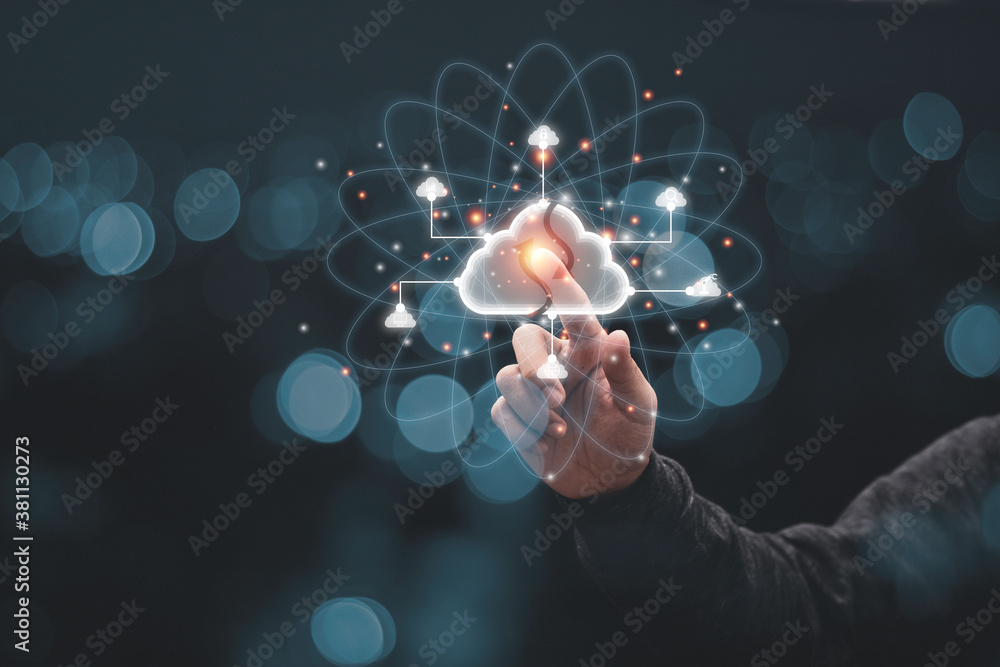 Aufkleber hand touching virtual cloud illustration icon with black background. cloud technology system is comp