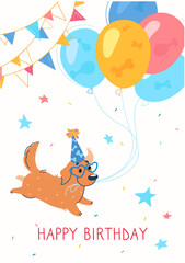 Holiday card, Happy Birthday lettering. Illustration with a Labrador (retriever). The dog runs and holds balloons on a rope, cap on his head, around a garland. The dog has a birthday, .a party. Vector