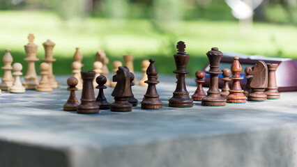 Wooden Chess Pieces standing on the Chessboard before the tournament.