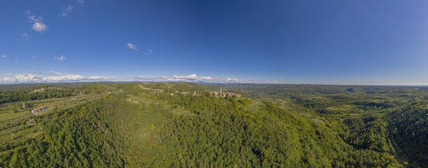Aerial panoramic drone picture of the medieval town of Groznjan on the Istrian peninsula during daytime