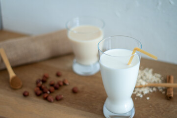 Different types of vegetal milk based. Plant based milk.