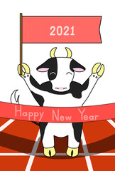 マラソンでフィニッシュした、旗を持った笑顔の牛（2021年年賀状）