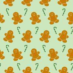Christmas Gingerbread Men Seamless Repeat Pattern with Candy Canes, Green Background