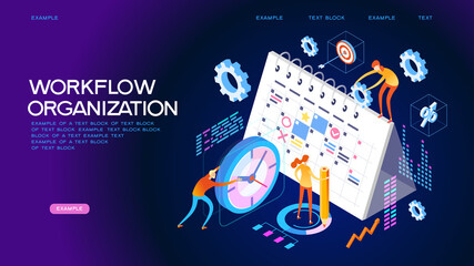 Organization and management of the workflow. Design and automation of work processes. Increase the productivity of your office. Banner template. Flat isometric vector illustration.