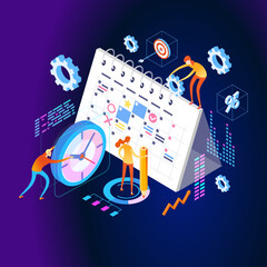 Organization and management of the workflow. Design and automation of work processes. Increase the productivity of your office. Banner template. Flat isometric vector illustration.