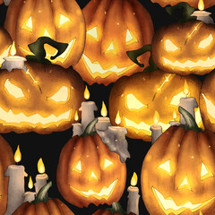 Jack o lantern seamless pattern. Bright Halloween pumpkin print. - 381131452