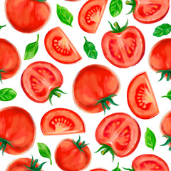 Seamless raster pattern with hand drawn tomatoes and basil. Color gouache illustration on white background.