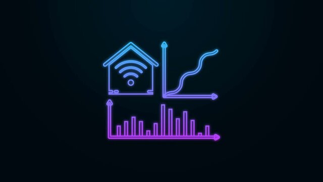 Glowing neon line Smart home with wi-fi icon isolated on black background. Remote control. 4K Video motion graphic animation.