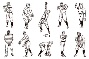 Group of vintage baseball players in row, after antique illustrations from 19th century © M