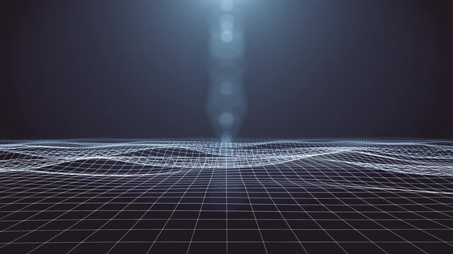 Retro video game landscape, lights and low poly wave terrain grid. 4K seamless loop