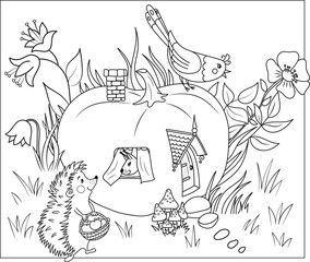 set of hand-drawn illustrations. children's coloring. Hedgehog, bird, and squirrel in the pumpkin house