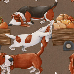 Basset Hound dogs are carrying a cart with pumpkins. Harvesting. Seamless pattern on a brown background. - 381132827