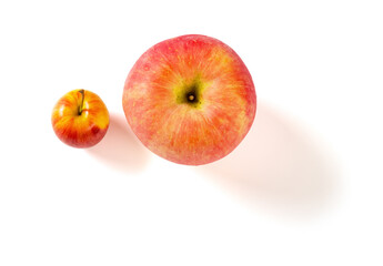 top view a small apple and a giant size one on a white background