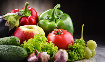Composition with fresh organic vegetables and fruits