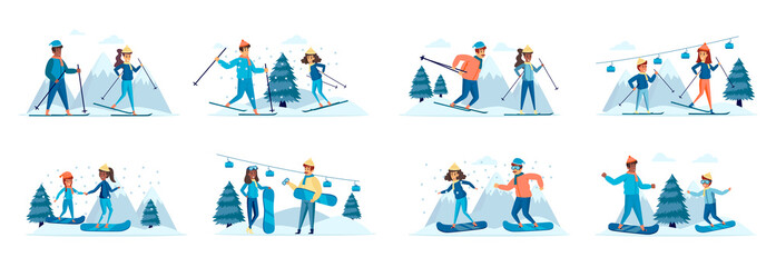Fototapeta premium Winter sports activities bundle of scenes with people characters. Happy skiers and snowboarders having fun on ski resort conceptual situations. Wintertime holidays vacation cartoon vector illustration