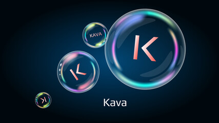 Kava token symbol in soap bubble, coin DeFi project decentralized finance. The financial pyramid will burst soon and destroyed. Vector EPS10. - obrazy, fototapety, plakaty