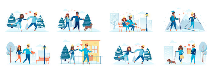 Couple in love bundle of scenes with people characters. Happy lovers walking in winter park, skating and skiing together situations. Valentines day, romantic relationship cartoon vector illustration.