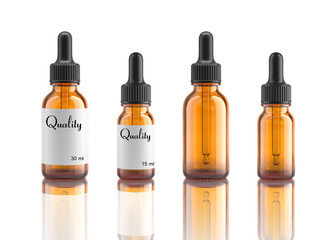 Amber bottle 3d render on white background. Product design.