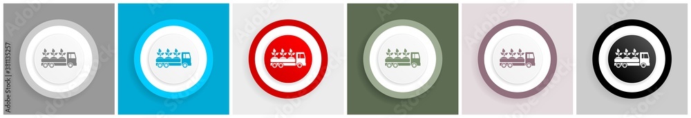 Aufkleber truck, plants and trees delivery icon set, colorful flat design vector illustrations in 6 options fo