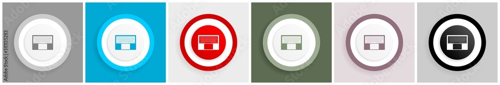 Poster notebook and laptop keyboard icon set, colorful flat design vector illustrations in 6 options for we