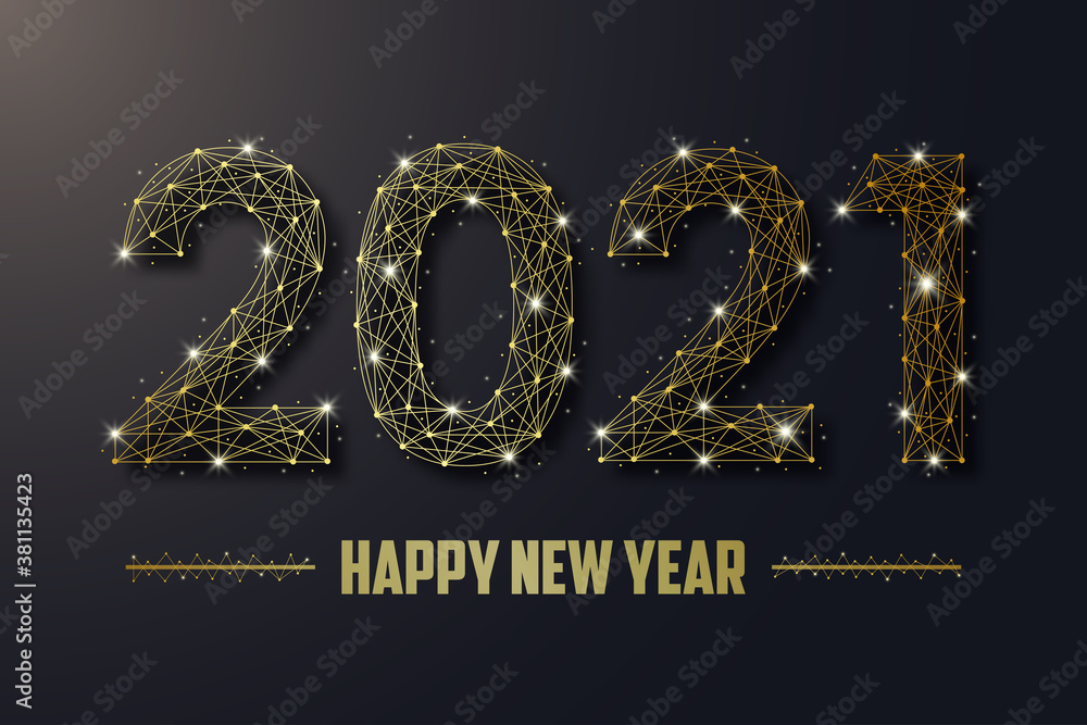 Poster 2021 new year illustration made by gold points and lines, golden polygonal wireframe mesh, text with