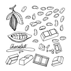 set of a cocoa tree elements, beans, cracked chocolate bar, for ornaments, menu decoration, vector illustration with black contour lines isolated on a white background in a doodle & hand drawn style