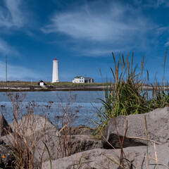 Lighthouse on the island of Grótta near Reykjavik, Iceland. The island is accessible via a causeway at low tide.