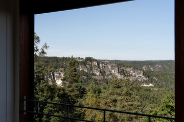 The Elbe Sandstone Mountains in saxon switzerland seen through the window. Germany