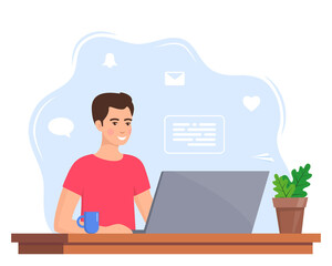 Young man working on laptop at home office. Freelancer at work, remote work. Young man sitting at a desk with a laptop and coffee cup. Flat style color modern vector illustration.