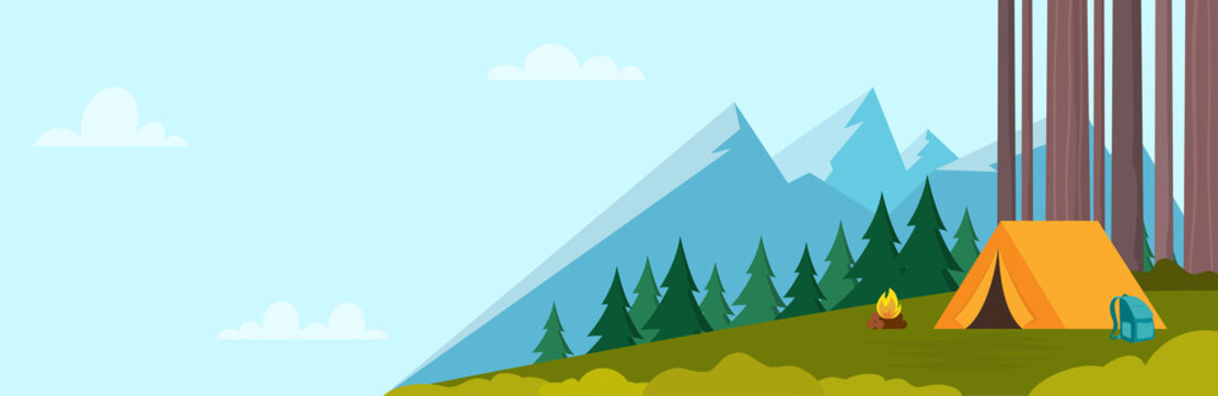 Summer Camping day in mountains. Mountains, trees, tent and campfire. Horizontal banner for Climbing, hiking, trakking sport, adventure tourism, travel, backpacking. Vector illustration.