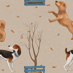 Autumn seamless pattern with dogs on a beige background. leaf fall. - 381137422