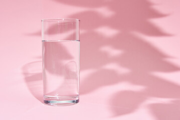 Glass of water and leaf shadow on a pink background