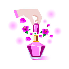 The hand removes the cap from the perfume bottle from under which the bright floral aroma of violets escapes.