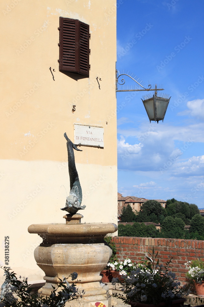 Poster street fountain with the shape of fish in siena, italy