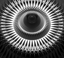 3d render of abstract black and white monochrome art with surreal fractal power industrial machinery 3d turbine jet engine or saw with sharp blades in matte titanium metal material