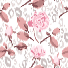 Leopard skin seamless pattern with roses. Animal background. vector illustration in pastel colors.