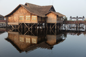 Inle Lake Myanmar 12/16/2015 floating hotel on stilts in lake