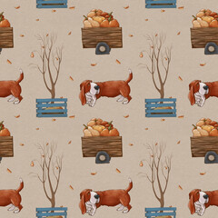 Basset hound dog with a cart of pumpkins. Autumn landscape. Seamless pattern on a beige background. - 381140000