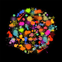 Set Multi-colored spots of paint on a black background. Mixed media. Vector illustration. A circle of blots. Mixed media.