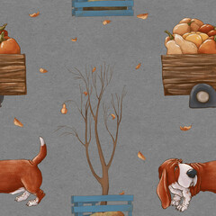 Gray autumn seamless pattern. Dog in fallen leaves. Basset hound and leaf fall - 381141212