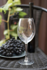 glass and bottle of dark red wine and grapes on a dark background