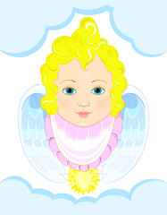 Religion. In the clouds, an angel child with Golden curls and wings . Baby face. Isolated, white. illustration