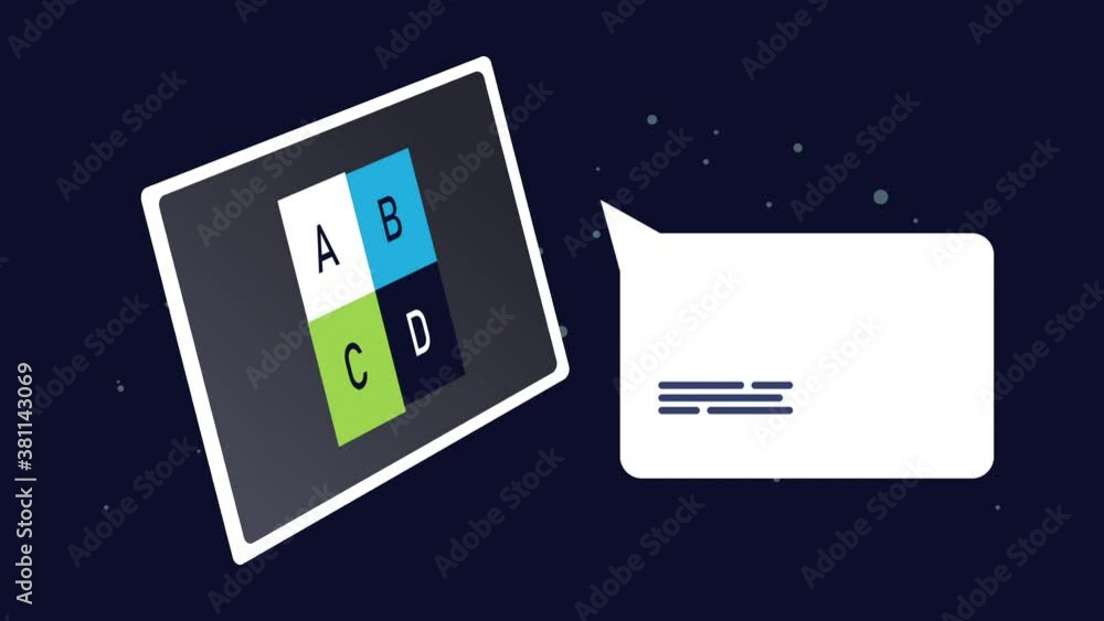 Poster statistics infographic data animation with tablet and speech bubble