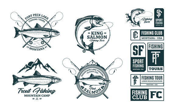 Vector fishing logo and illustrations. Sport fishing, tournament, tours and camps badges