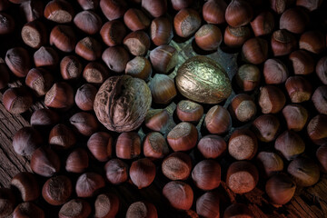 Still life with Walnut kernels and whole walnuts on rustic old wooden table. Creative table decoration.