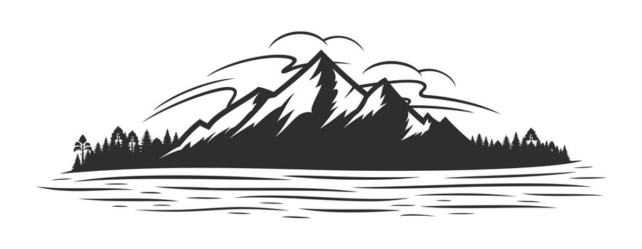 Vector mountain silhouette, coniferous forest and glare on the mountain lake or river